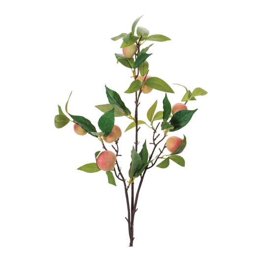 Peach fruit foliage branch set of 6 with wired stems and lush green leaves, soft fabric texture
