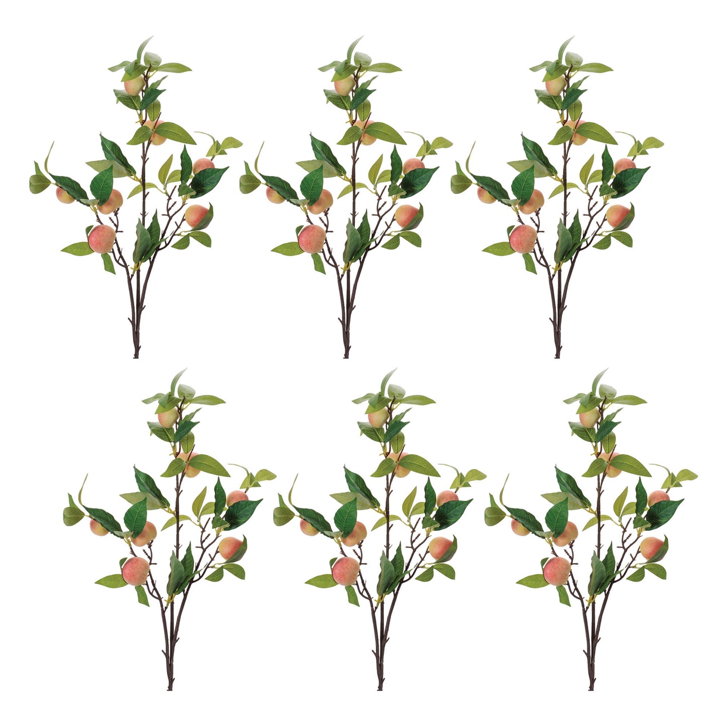 Peach fruit foliage branch set of 6 with wired stems and lush green leaves, soft fabric texture