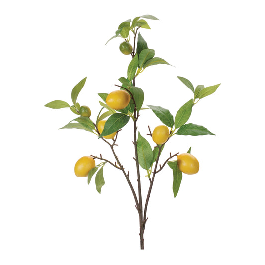 Set of six lemon fruit foliage branches with yellow lemons and green leaves, wired stems for decorative accents