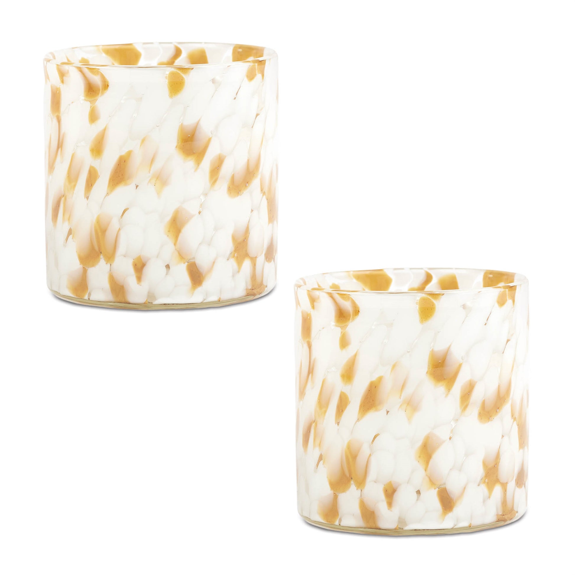 A set of two painted glass votive holders with a vibrant, multi-colored watercolor pattern sitting on a white surface.