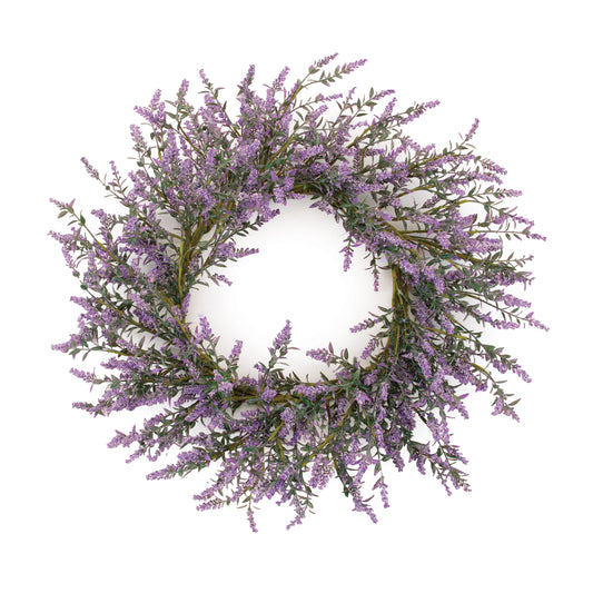 20-inch lavender floral wreath with purple blossoms and green foliage for spring/home accent