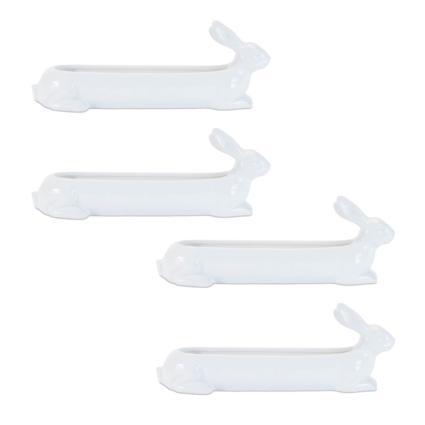 Set of four glossy white ceramic bunny planters with built-in cavities for succulents or flowers, spring décor