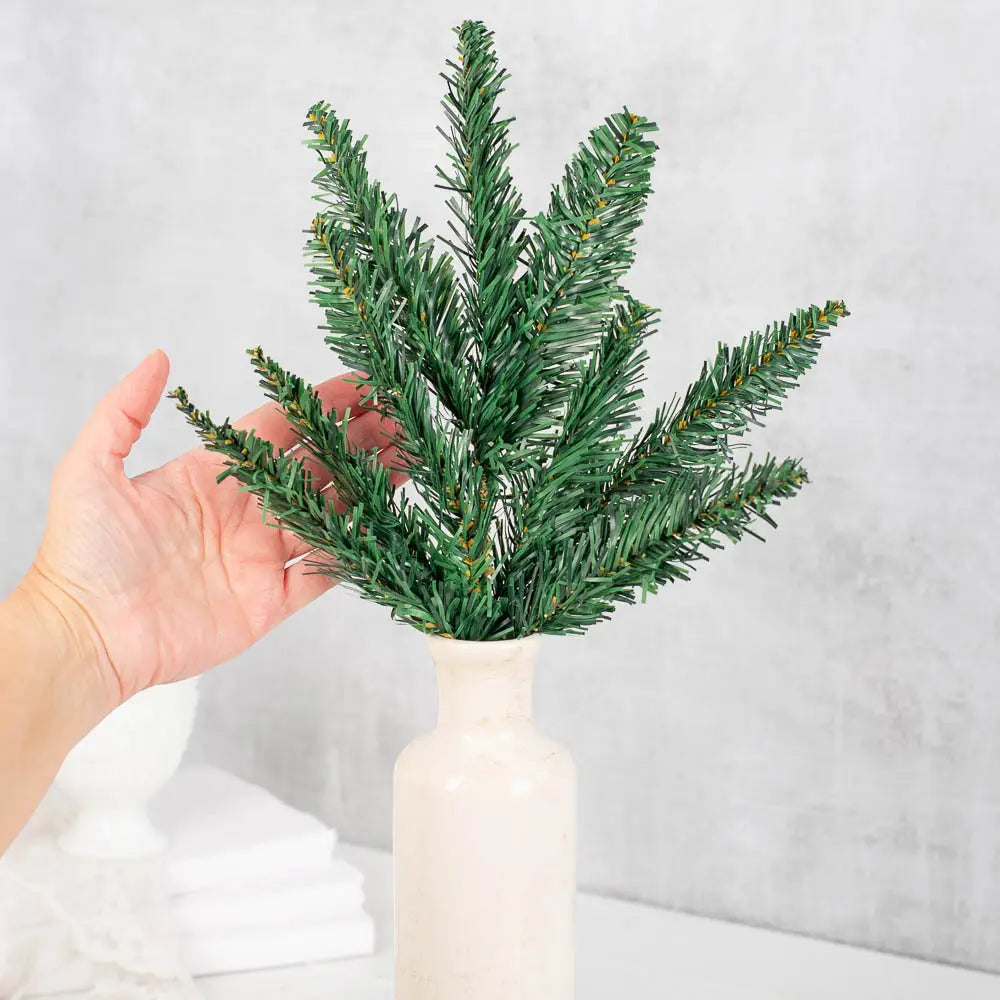 17-inch realistic artificial Canadian pine pick with green needles and flexible wire stem