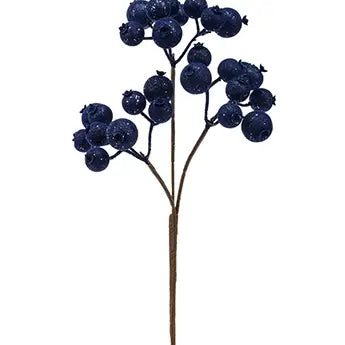 Blue velvet and glitter berry pick 13 inch Christmas stem