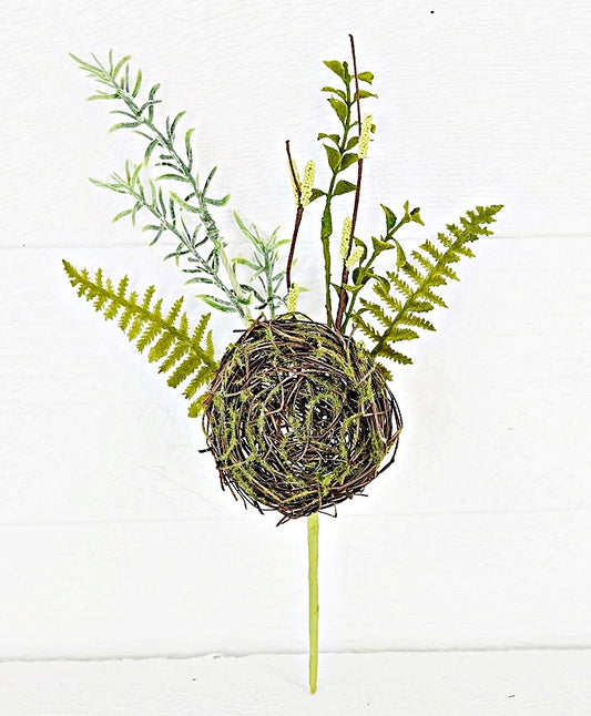Natural fern and birdnest pick for woodland garden spring decorating