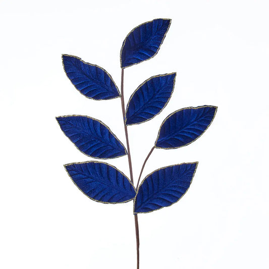 Blue velvet leaf spray with gold glittered edges on a brown wire stem