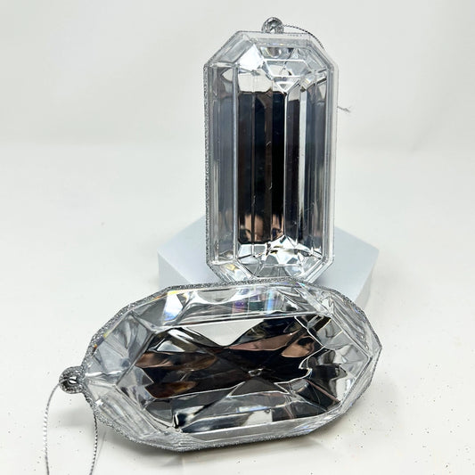 5-inch clear acrylic precious gem ornament shown in rectangle and oblong faceted shapes