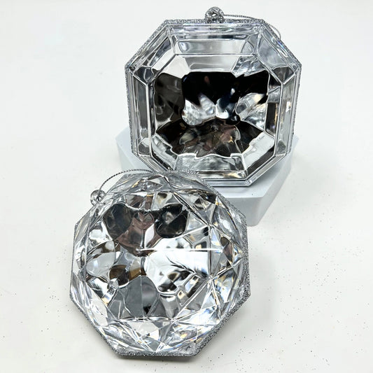 4-inch clear acrylic precious gem ornament shown in round and square faceted shapes
