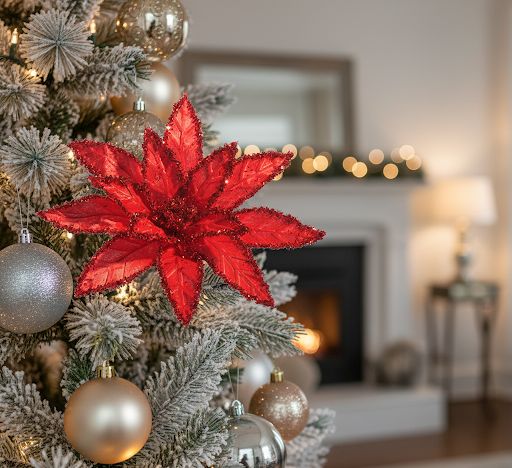 26-inch red poinsettia stem with tinsel-trimmed petals for sparkling Christmas decoration