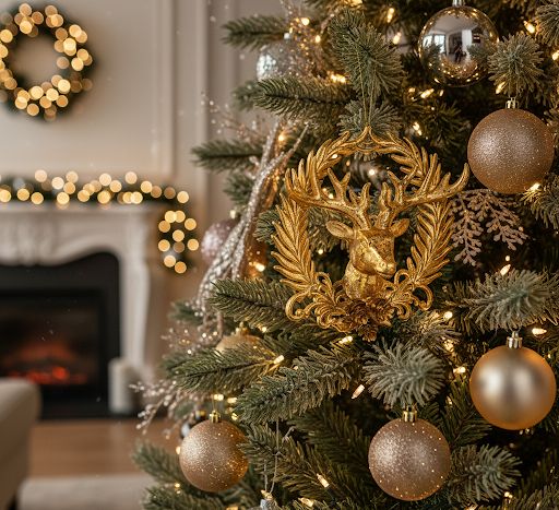 A 6-inch round, flat wooden ornament featuring a black deer head silhouette inside a green wreath, topped with a red and black plaid bow and a wooden beaded hanger.