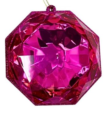 A 4-inch fuchsia pink, multi-faceted gem ornament in a teardrop shape, hanging against a white background.