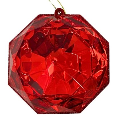 A 4-inch ruby red, multi-faceted gem ornament in a teardrop shape, hanging against a white background.