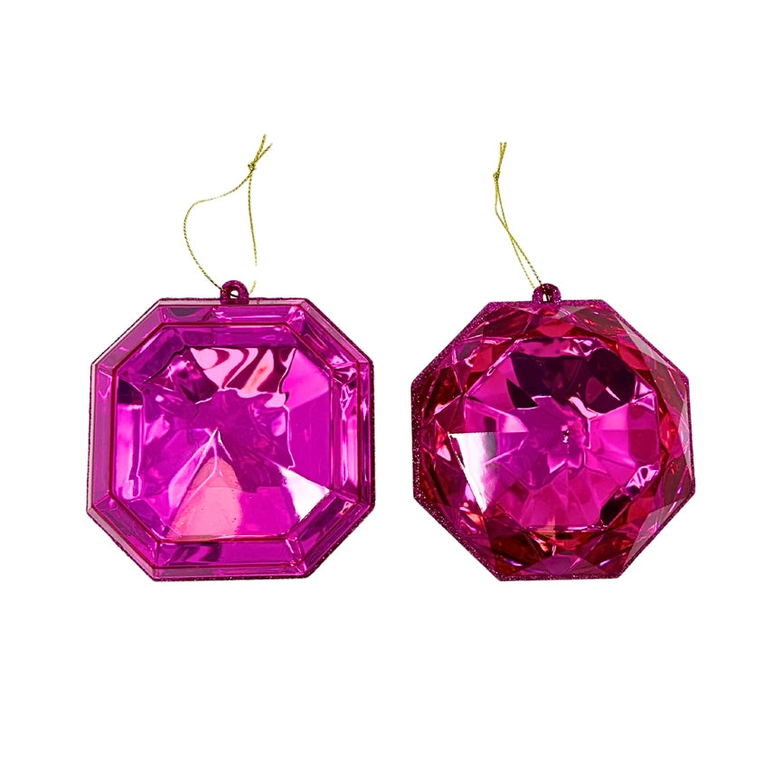 A 4-inch fuchsia pink, multi-faceted gem ornament in a teardrop shape, hanging against a white background.