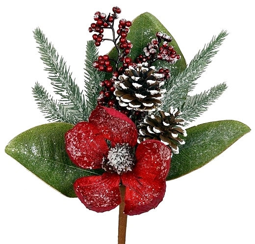 14-inch red magnolia pick with snow-covered pinecone accents