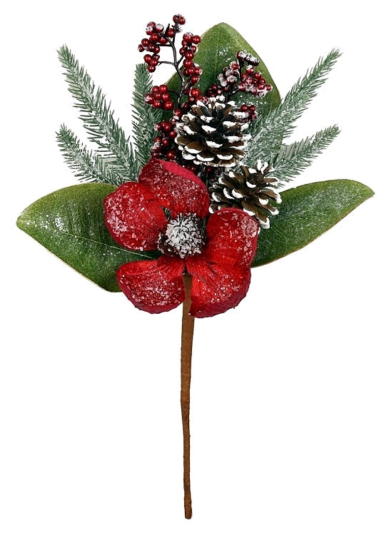 14-inch red magnolia pick with snow-covered pinecone accents
