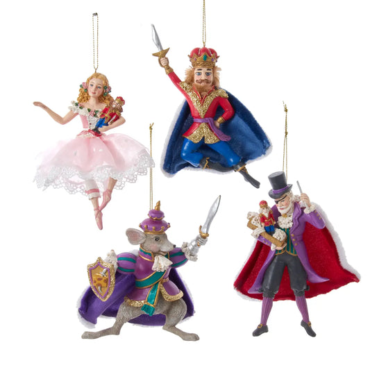 Set of four Nutcracker Suite ornaments featuring Clara, Nutcracker Prince, Mouse King, and Drosselmeyer