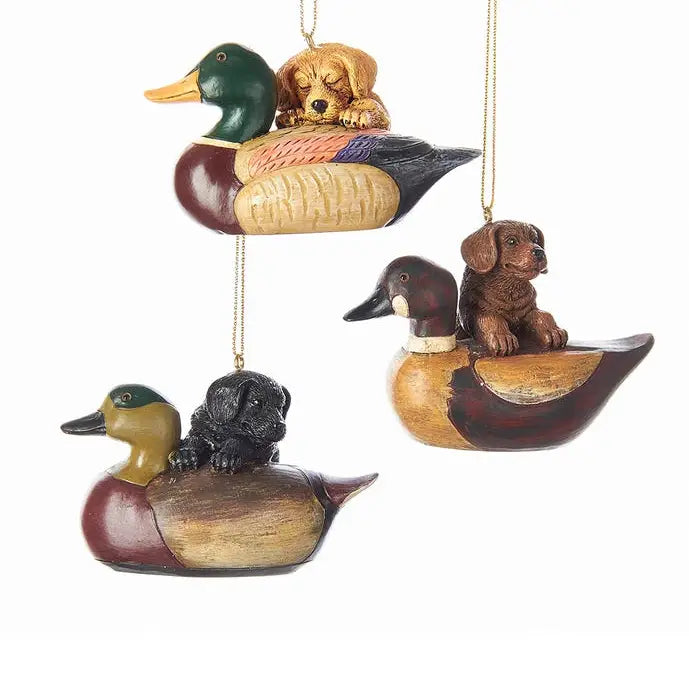 3.5-inch resin puppy with duck decoy Christmas ornament in three color variants