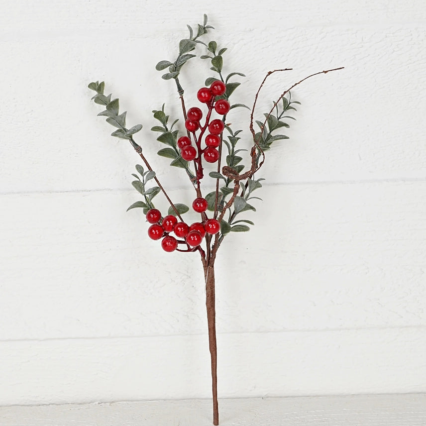Vintage flocked boxwood pick with red berries for Christmas holiday decorating