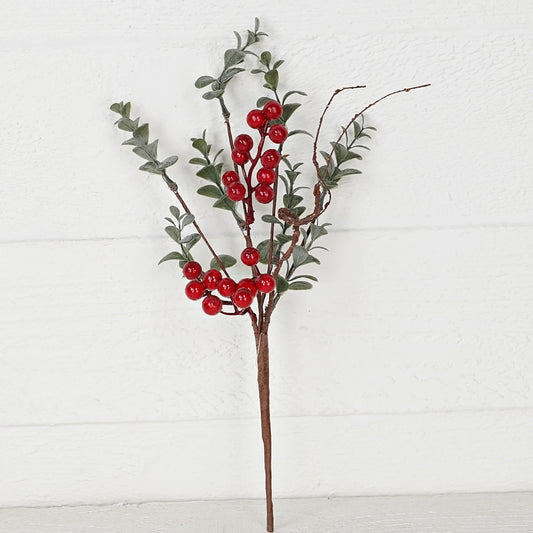 Vintage flocked boxwood pick with red berries for Christmas holiday decorating