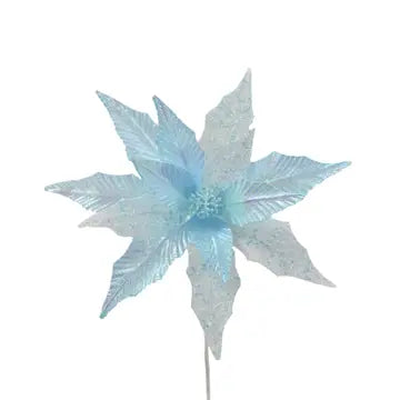 26 inch beaded iridescent blue poinsettia pick with 13.75 inch bloom for Christmas decorating and holiday arrangements