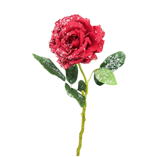 Artificial snowy rose floral pick with delicate petals dusted in snow effect