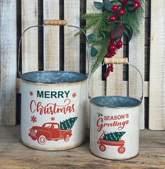 Set of two vintage-style truck/wagon buckets in red and green with festive holiday accents