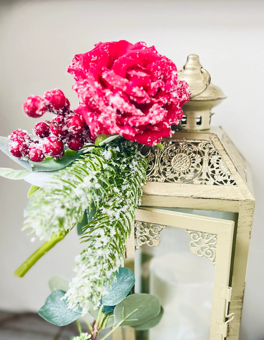 Artificial snowy rose floral pick with delicate petals dusted in snow effect