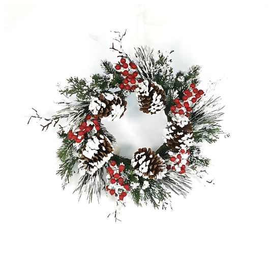 Snow-frosted mixed pine and berry wreath, 20″ diameter with pinecones and berries for festive holiday decoration
