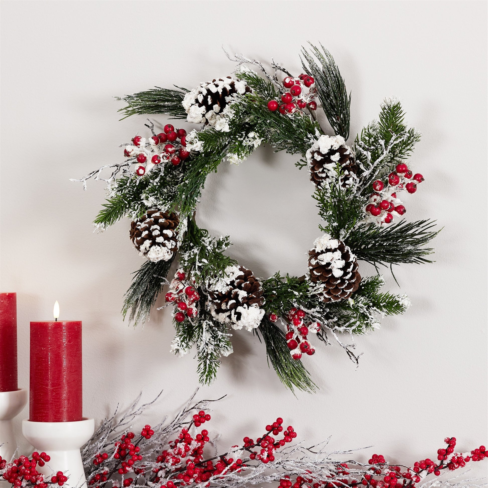 Snow-frosted mixed pine and berry wreath, 20″ diameter with pinecones and berries for festive holiday decoration
