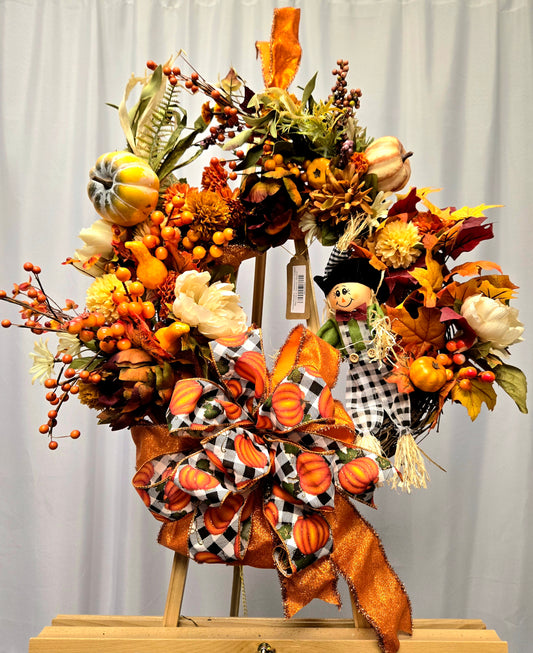 12″ Fall Scarecrow Wreath with pumpkin, florals, berries, and multi-ribbon bow
