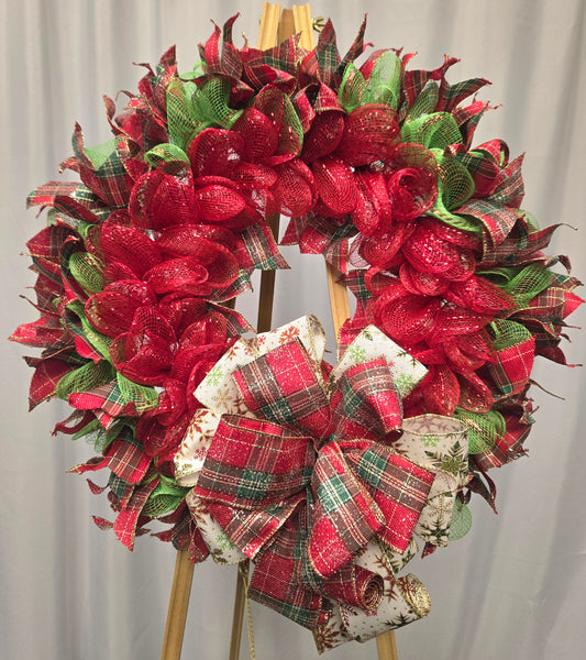 14″ Christmas wreath with red and green ribbon—handcrafted holiday décor
