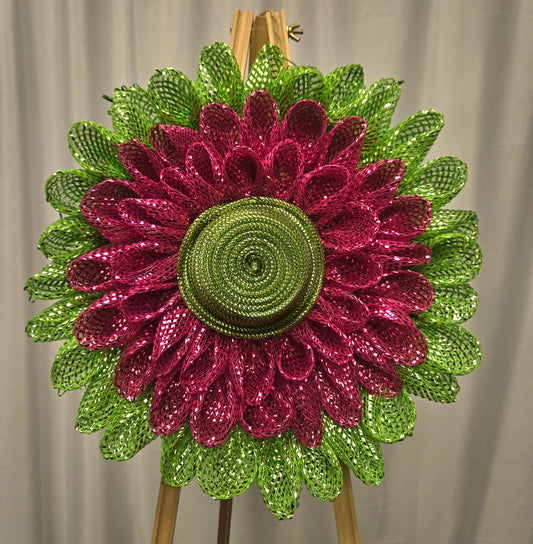 12″ Grinch-inspired flower wreath in hot pink and lime green—handcrafted mesh bloom design
