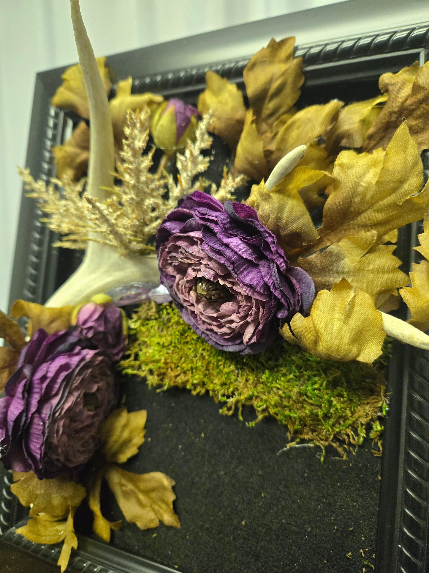 Three-point deer antler art mounted on black frame with purple flowers, brown leaves, and moss—ideal for wall or table display
