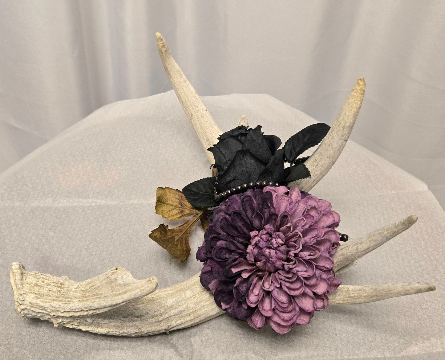 5-Point White-Tail Deer Antler Art | Rustic Black & Purple Decor, 13"