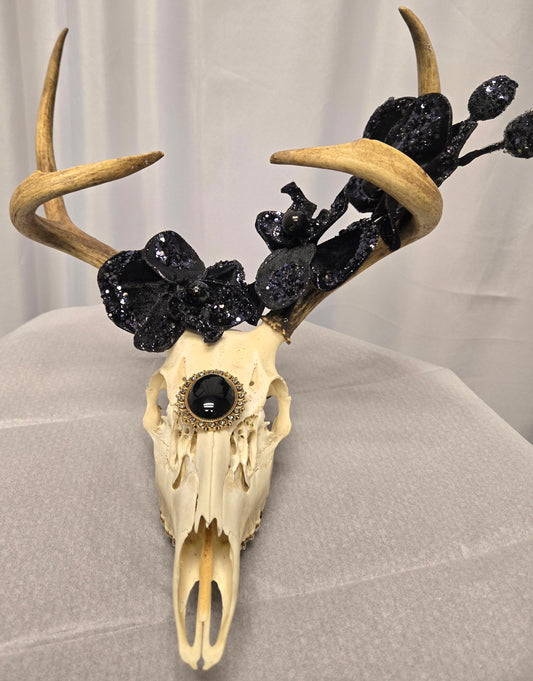 4-Point White-Tail Deer Head & Antlers Art | Rustic Black & Natural Decor, 12"x13"