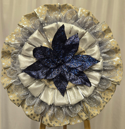 12″ handcrafted holiday wreath in blue, beige, and silver tones — rustic farmhouse style decor
