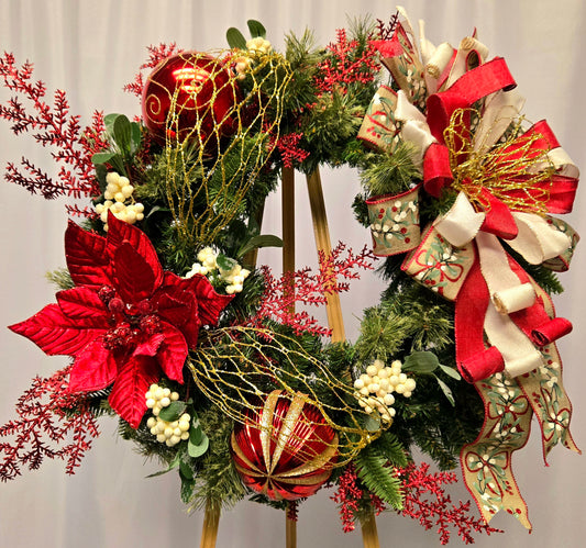 18″ Christmas wreath in red, white, and gold with luxurious premium ribbon
