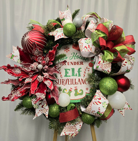 18″ Elf-themed Christmas wreath in red, green, and white, handcrafted ribbon wreath perfect for holiday décor
