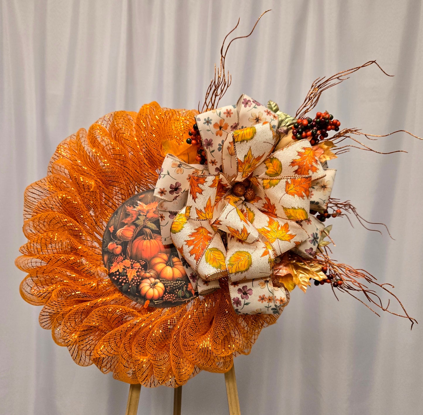 16″ fall wreath with orange ribbon, burlap textures, and realistic pumpkin accents
