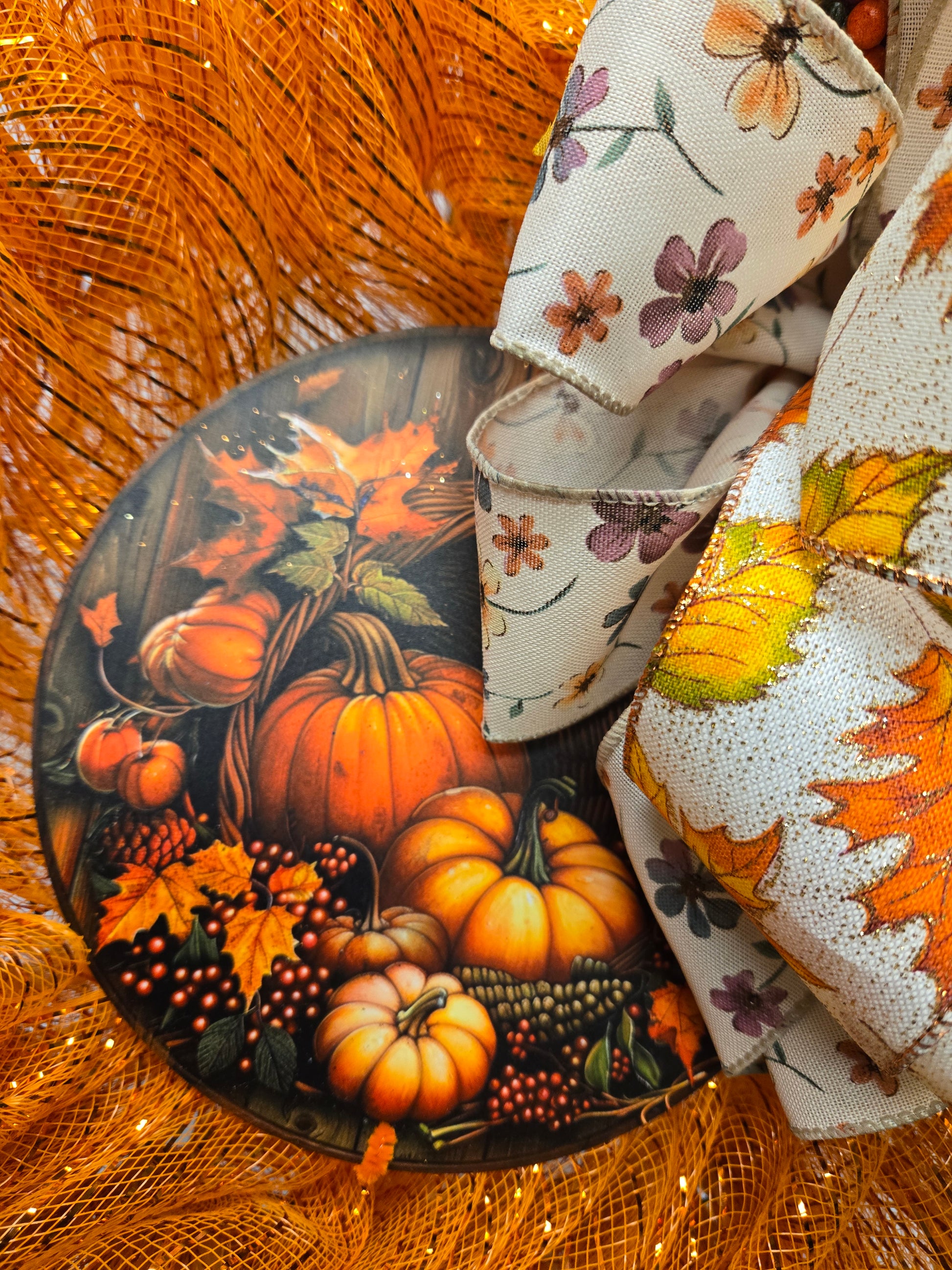 16″ fall wreath with orange ribbon, burlap textures, and realistic pumpkin accents
