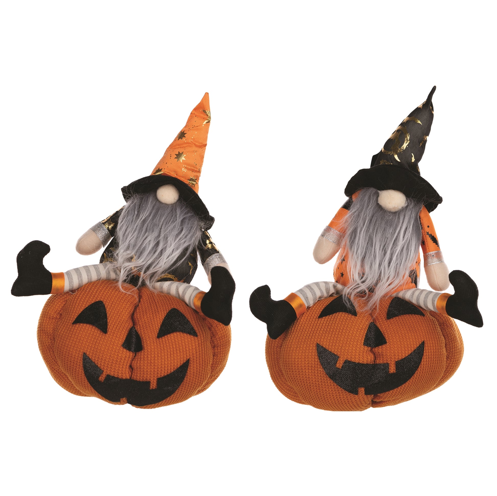 Two plush Halloween gnomes holding jack o’lanterns, soft fabric spooky accents
