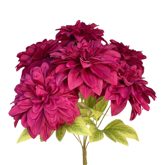 16-inch artificial plum-colored dahlia bush with seven realistic dahlia blooms
