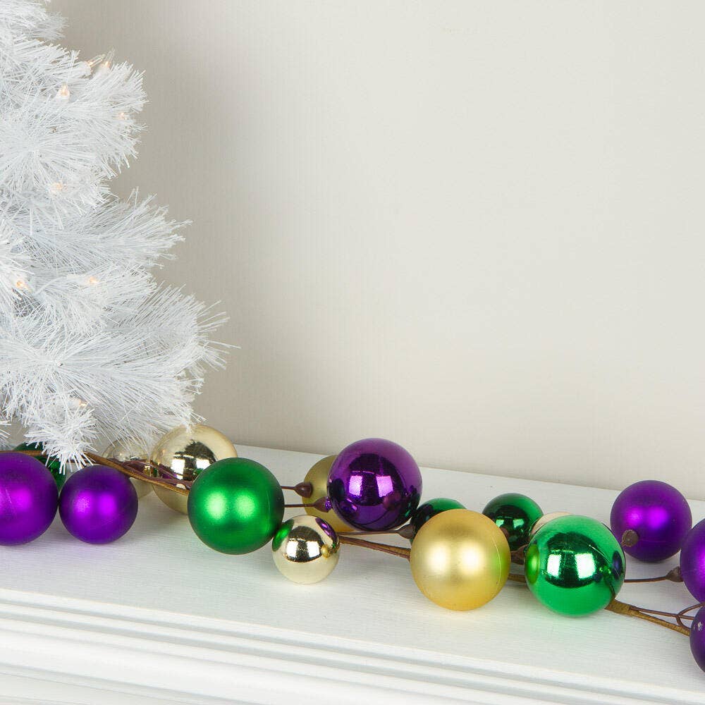 5-ft Mardi Gras garland featuring large purple, gold, and green ball ornaments—ideal for festive décor
