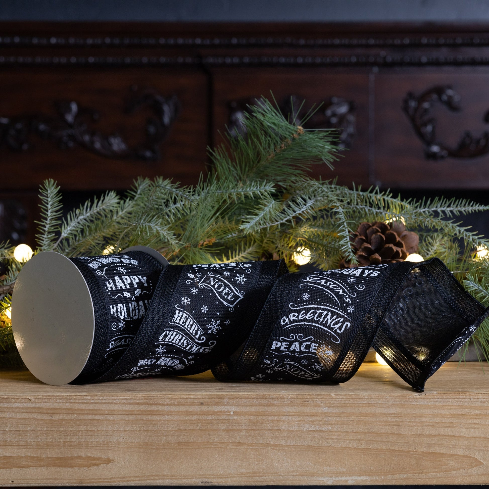 Black and white wired Christmas sentiment ribbon, set of 3 (4″ x 10 yd each) with “Peace”, “Noel”, “Merry Christmas”, “Happy Holidays”