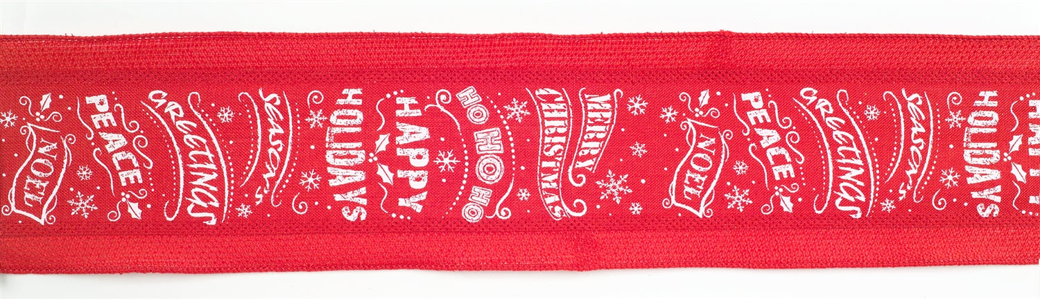 Red and white wired Christmas sentiment ribbon, set of 3 (4″ x 10 yd each) with “Peace”, “Noel”, “Merry Christmas”, “Happy Holidays”