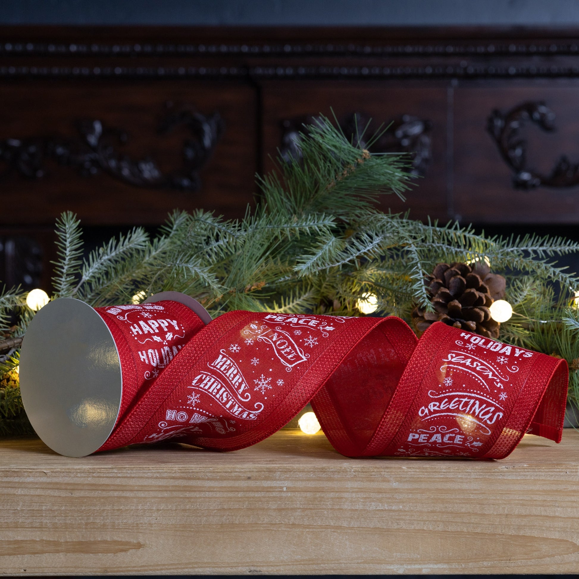 Red and white wired Christmas sentiment ribbon, set of 3 (4″ x 10 yd each) with “Peace”, “Noel”, “Merry Christmas”, “Happy Holidays”