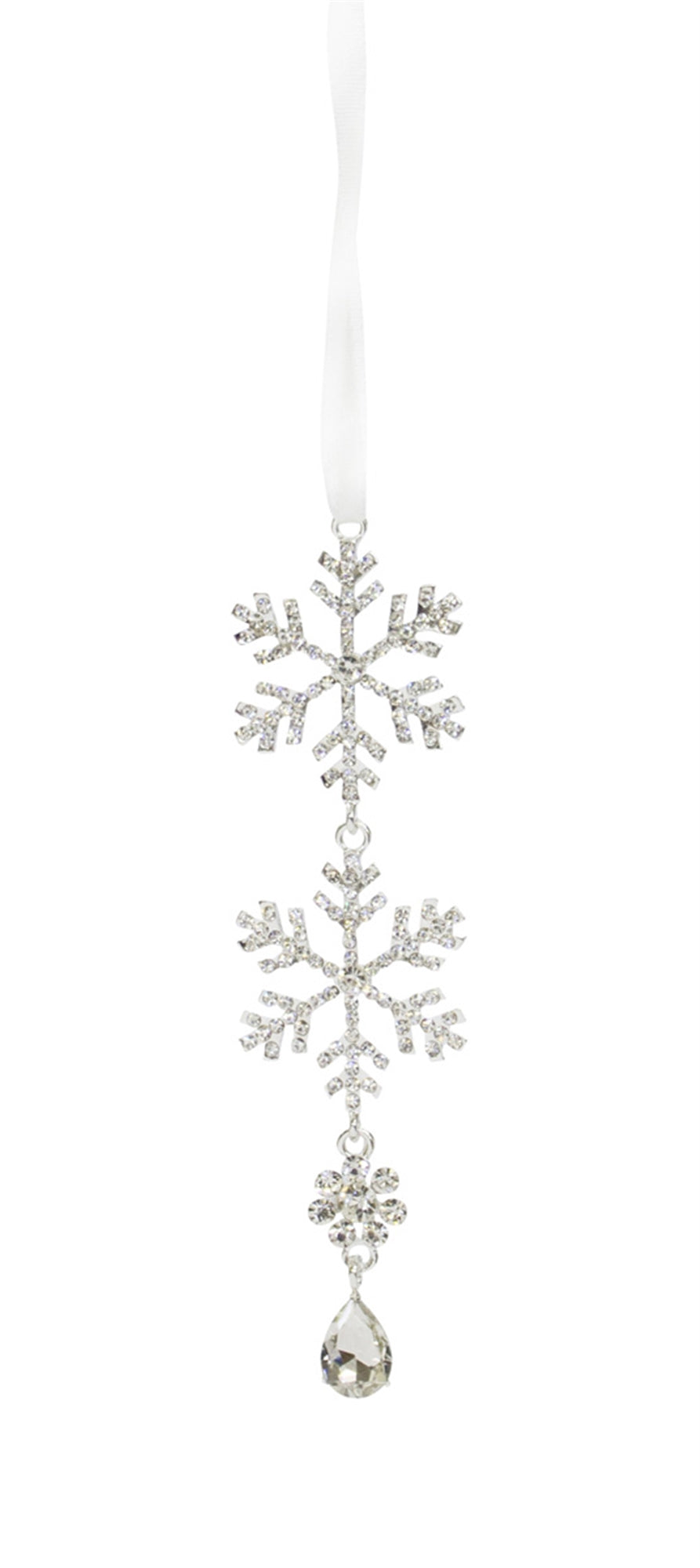 A single, elegant 4.5-inch tiered snowflake drop ornament with sparkling clear jewel accents, hanging against a white background.