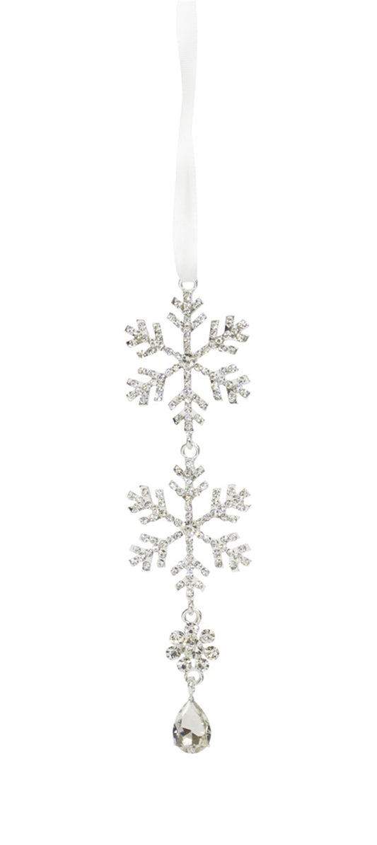 A single, elegant 4.5-inch tiered snowflake drop ornament with sparkling clear jewel accents, hanging against a white background.