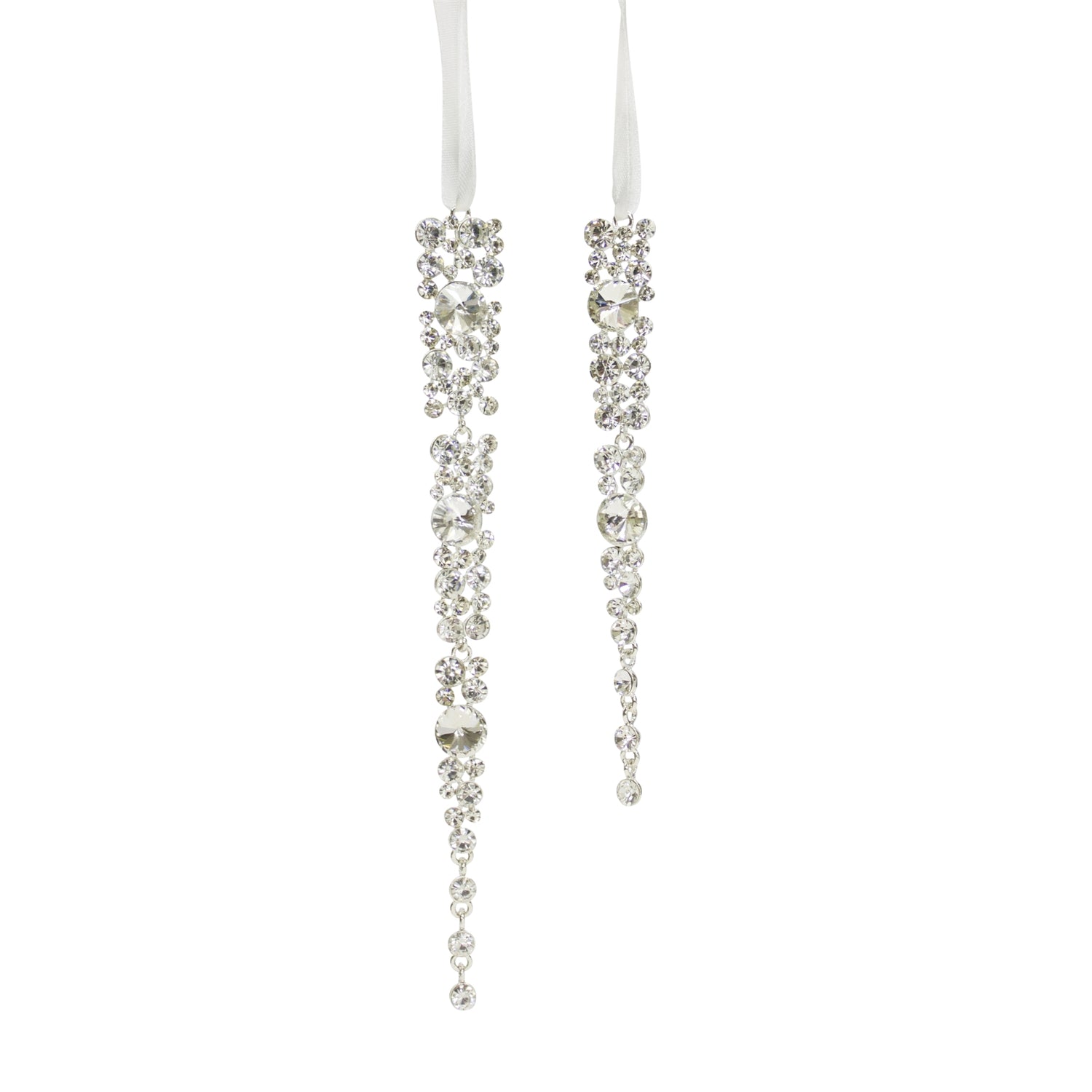 Two elegant, jeweled icicle ornaments in assorted sizes (9.75-inch and 8-inch) with a silver finish, hanging from white ribbons.