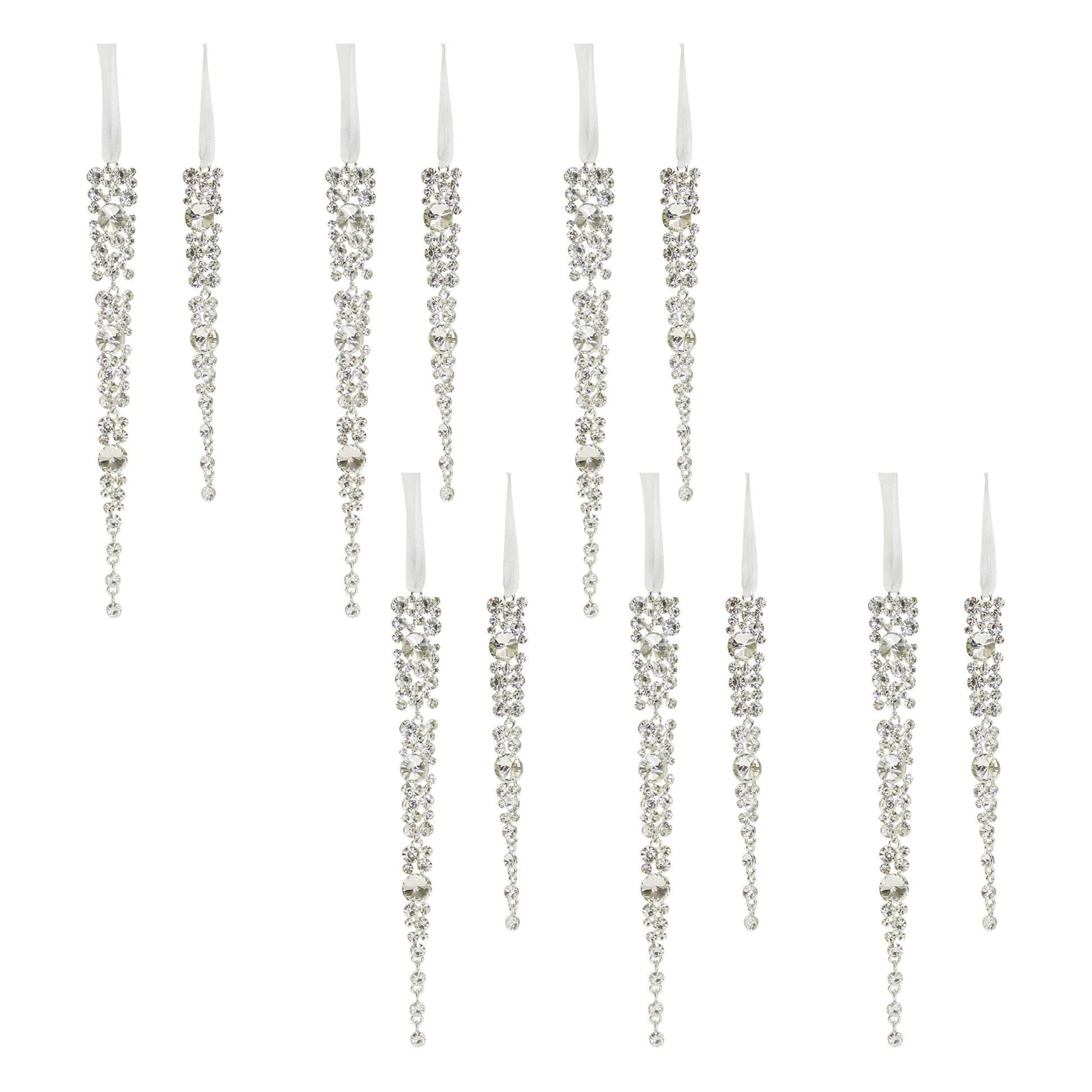 The full set of 12 sparkling jeweled icicle ornaments in two assorted sizes, laid out on a white surface.